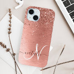 Rose Gold Brushed Metal Glitter Monogram Name iPhone 15 Case<br><div class="desc">Easily personalise this trendy chic phone case design featuring pretty rose gold sparkling glitter on a rose gold brushed metallic background.</div>