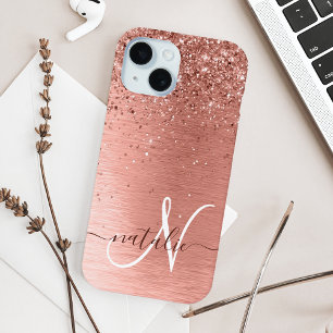Rose Gold Brushed Metal Glitter Monogram Name iPhone 15 Case