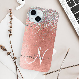 Rose Gold Brushed Metal Glitter Monogram Name iPhone 15 Case