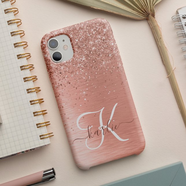 Rose Gold Brushed Metal Glitter Monogram Name Case-Mate iPhone Case (Creator Uploaded)