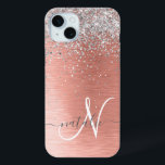 Rose Gold Brushed Metal Glitter Monogram Name iPhone 15 Mini Case<br><div class="desc">Easily personalise this trendy chic design phone case featuring pretty silver sparkling glitter on a rose gold brushed metallic background.</div>