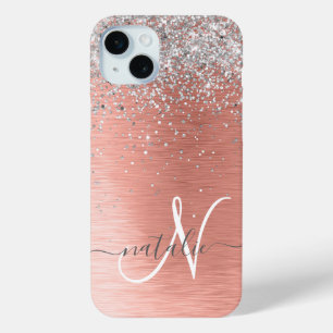 Rose Gold Brushed Metal Glitter Monogram Name iPhone 15 Mini Case