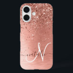 Rose Gold Brushed Metal Glitter Monogram Name iPhone 16 Case<br><div class="desc">Easily personalise this trendy chic phone case design featuring pretty rose gold sparkling glitter on a rose gold brushed metallic background.</div>