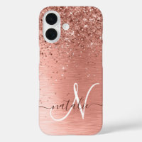 Rose Gold Brushed Metal Glitter Monogram Name