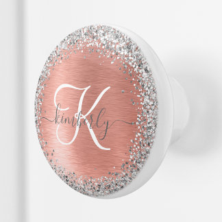 Rose Gold Brushed Metal Glitter Monogram Name Ceramic Knob