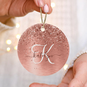 Rose Gold Brushed Metal Glitter Monogram Name Ceramic Tree Decoration