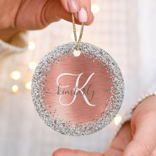 Rose Gold Brushed Metal Glitter Monogram Name Ceramic Tree Decoration