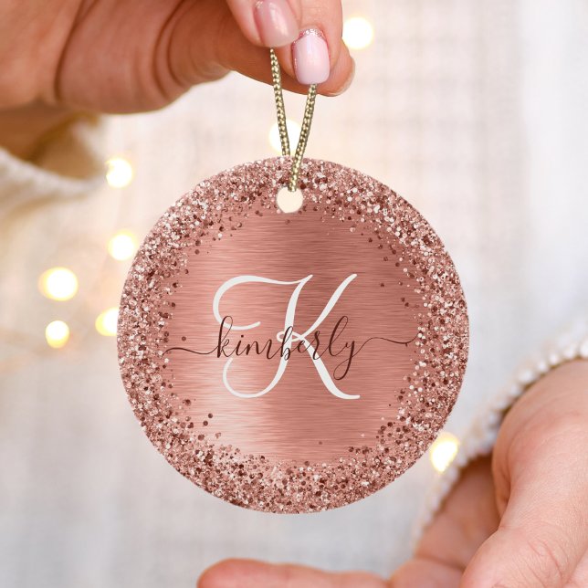 Rose Gold Brushed Metal Glitter Monogram Name  Ceramic Tree Decoration (Creator Uploaded)