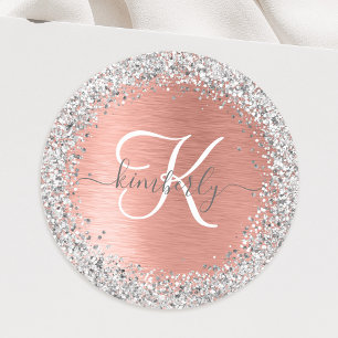 Rose Gold Brushed Metal Glitter Monogram Name Classic Round Sticker