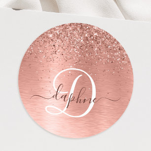 Rose Gold Brushed Metal Glitter Monogram Name Classic Round Sticker