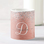Rose Gold Brushed Metal Glitter Monogram Name Coffee Mug<br><div class="desc">Easily personalise this trendy chic coffee mug design featuring pretty silver sparkling glitter on a rose gold brushed metallic background.</div>