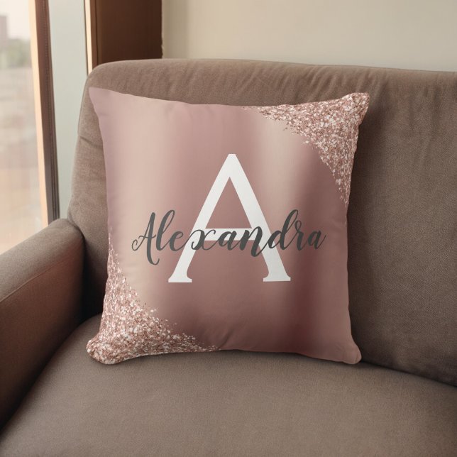 Rose Gold Brushed Metal Glitter Monogram Name Cushion (Creator Uploaded)