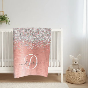 Rose Gold Brushed Metal Glitter Monogram Name Fleece Blanket