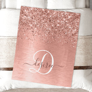 Rose Gold Brushed Metal Glitter Monogram Name Fleece Blanket