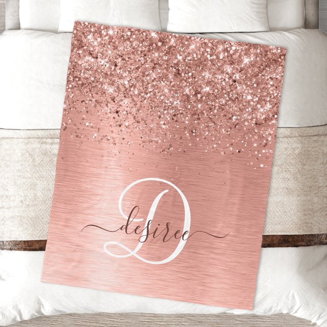 Rose Gold Brushed Metal Glitter Monogram Name Fleece Blanket (Creator Uploaded)