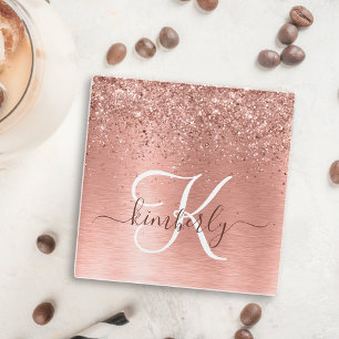 Rose Gold Brushed Metal Glitter Monogram Name Glass Coaster