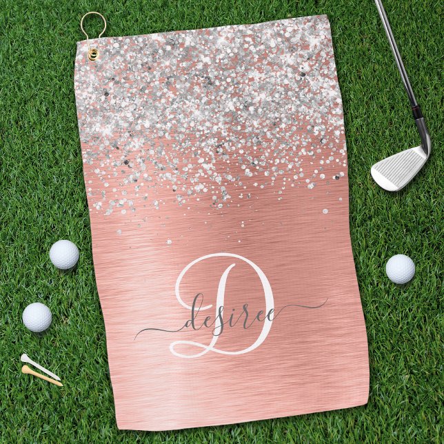 Rose Gold Brushed Metal Glitter Monogram Name Golf Towel (Creator Uploaded)