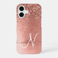 Rose Gold Brushed Metal Glitter Monogram Name
