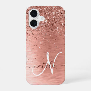 Rose Gold Brushed Metal Glitter Monogram Name iPhone 16 Case