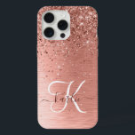 Rose Gold Brushed Metal Glitter Monogram Name iPhone 15 Pro Max Case<br><div class="desc">Easily personalise this trendy chic phone case design featuring pretty rose gold sparkling glitter on a rose gold brushed metallic background.</div>
