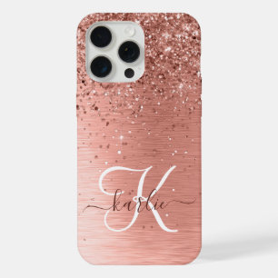 Rose Gold Brushed Metal Glitter Monogram Name iPhone 15 Pro Max Case