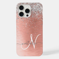 Rose Gold Brushed Metal Glitter Monogram Name