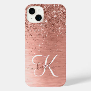 Rose Gold Brushed Metal Glitter Monogram Name iPhone 14 Plus Case