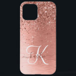 Rose Gold Brushed Metal Glitter Monogram Name iPhone 12 Pro Max Case<br><div class="desc">Easily personalise this trendy chic phone case design featuring pretty rose gold sparkling glitter on a rose gold brushed metallic background.</div>