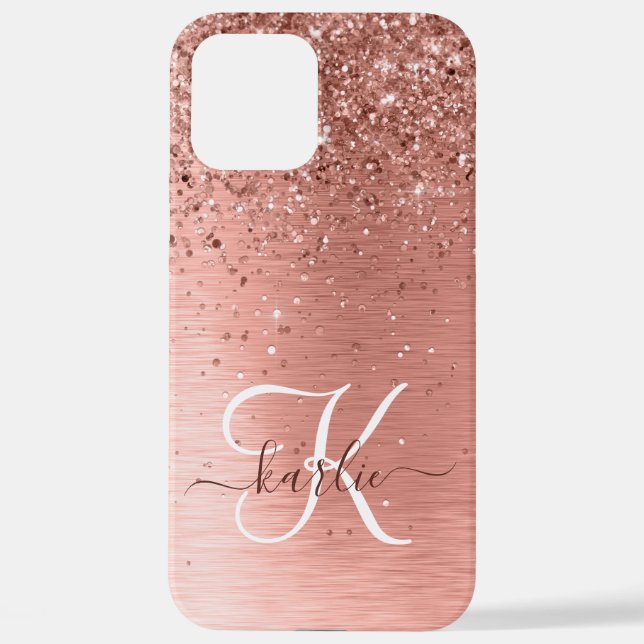 Rose Gold Brushed Metal Glitter Monogram Name iPhone Case (Back)