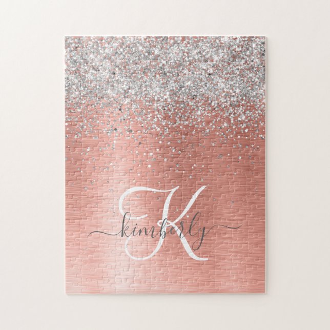 Rose Gold Brushed Metal Glitter Monogram Name Jigsaw Puzzle (Vertical)