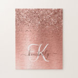 Rose Gold Brushed Metal Glitter Monogram Name Jigsaw Puzzle<br><div class="desc">Easily personalise this trendy chic jigsaw puzzle design featuring pretty rose gold sparkling glitter on a rose gold brushed metallic background.</div>