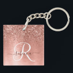 Rose Gold Brushed Metal Glitter Monogram Name Key Ring<br><div class="desc">Easily personalise this trendy chic keychain design featuring pretty rose gold sparkling glitter on a rose gold brushed metallic background.</div>