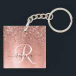 Rose Gold Brushed Metal Glitter Monogram Name Key Ring<br><div class="desc">Easily personalise this trendy chic keychain design featuring pretty rose gold sparkling glitter on a rose gold brushed metallic background.</div>