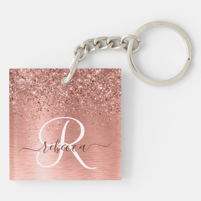 Rose Gold Brushed Metal Glitter Monogram Name Key Ring (Back)