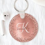 Rose Gold Brushed Metal Glitter Monogram Name Key Ring<br><div class="desc">Easily personalize this trendy chic keychain design featuring pretty rose gold sparkling glitter on a rose gold brushed metallic background.</div>
