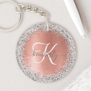 Rose Gold Brushed Metal Glitter Monogram Name Key Ring