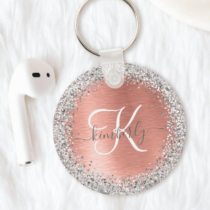 Rose Gold Brushed Metal Glitter Monogram Name Key Ring