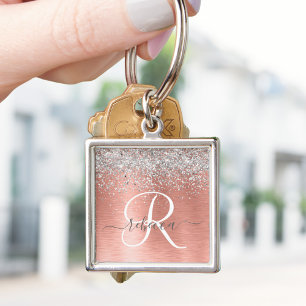 Rose Gold Brushed Metal Glitter Monogram Name Key Ring
