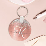 Rose Gold Brushed Metal Glitter Monogram Name Key Ring<br><div class="desc">Easily personalise this trendy chic keychain design featuring pretty silver sparkling glitter on a rose gold brushed metallic background.</div>