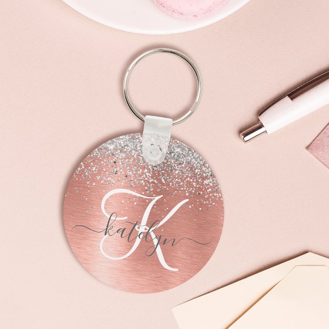 Rose Gold Brushed Metal Glitter Monogram Name Key Ring (Creator Uploaded)