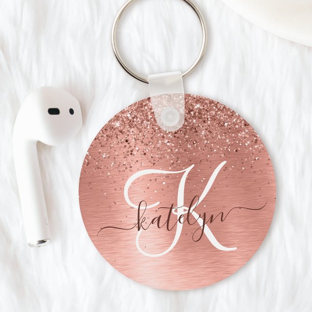 Rose Gold Brushed Metal Glitter Monogram Name Key Ring (Creator Uploaded)