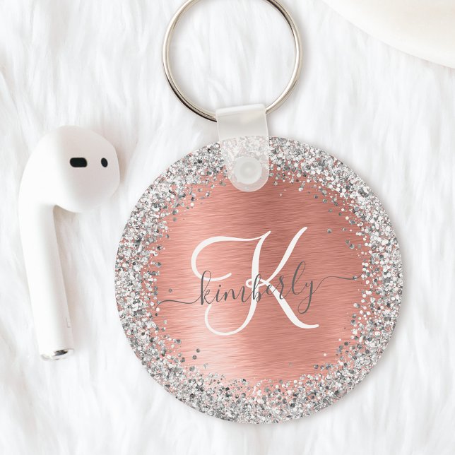 Rose Gold Brushed Metal Glitter Monogram Name Key Ring (Creator Uploaded)