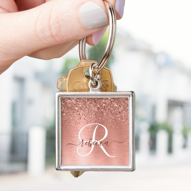 Rose Gold Brushed Metal Glitter Monogram Name Key Ring (Creator Uploaded)