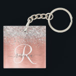 Rose Gold Brushed Metal Glitter Monogram Name Key Ring<br><div class="desc">Easily personalise this trendy chic design keychain featuring pretty silver sparkling glitter on a rose gold brushed metallic background.</div>