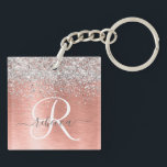 Rose Gold Brushed Metal Glitter Monogram Name Key Ring<br><div class="desc">Easily personalise this trendy chic design keychain featuring pretty silver sparkling glitter on a rose gold brushed metallic background.</div>