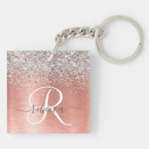 Rose Gold Brushed Metal Glitter Monogram Name Key Ring