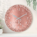 Rose Gold Brushed Metal Glitter Monogram Name Large Clock<br><div class="desc">Easily personalise this trendy chic large clock design featuring pretty rose gold sparkling faux glitter on a rose gold brushed metallic background.</div>