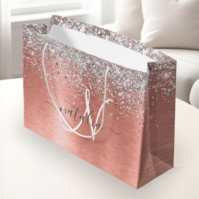 Rose Gold Brushed Metal Glitter Monogram Name Large Gift Bag (Creator Uploaded)