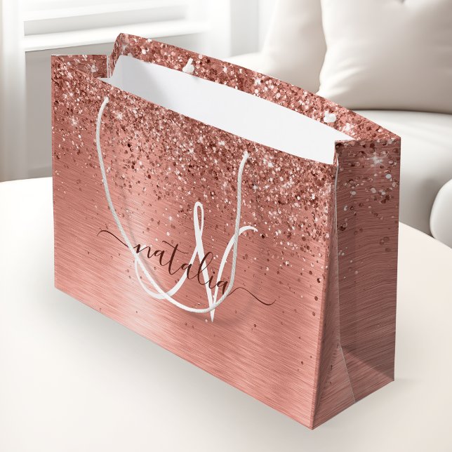 Rose Gold Brushed Metal Glitter Monogram Name Large Gift Bag (Creator Uploaded)
