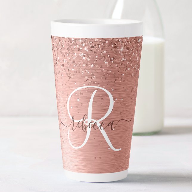 Rose Gold Brushed Metal Glitter Monogram Name Latte Mug (Enjoy your latte in this chic mug that has your name and monogram and name in rose gold glitter.)